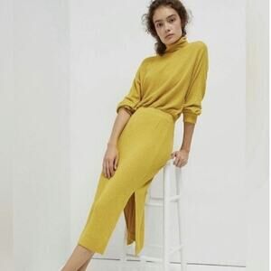 Anthropologie Mariah Yellow Ribbed Knit Midi Sweater Long Sleeve Dress NWT L